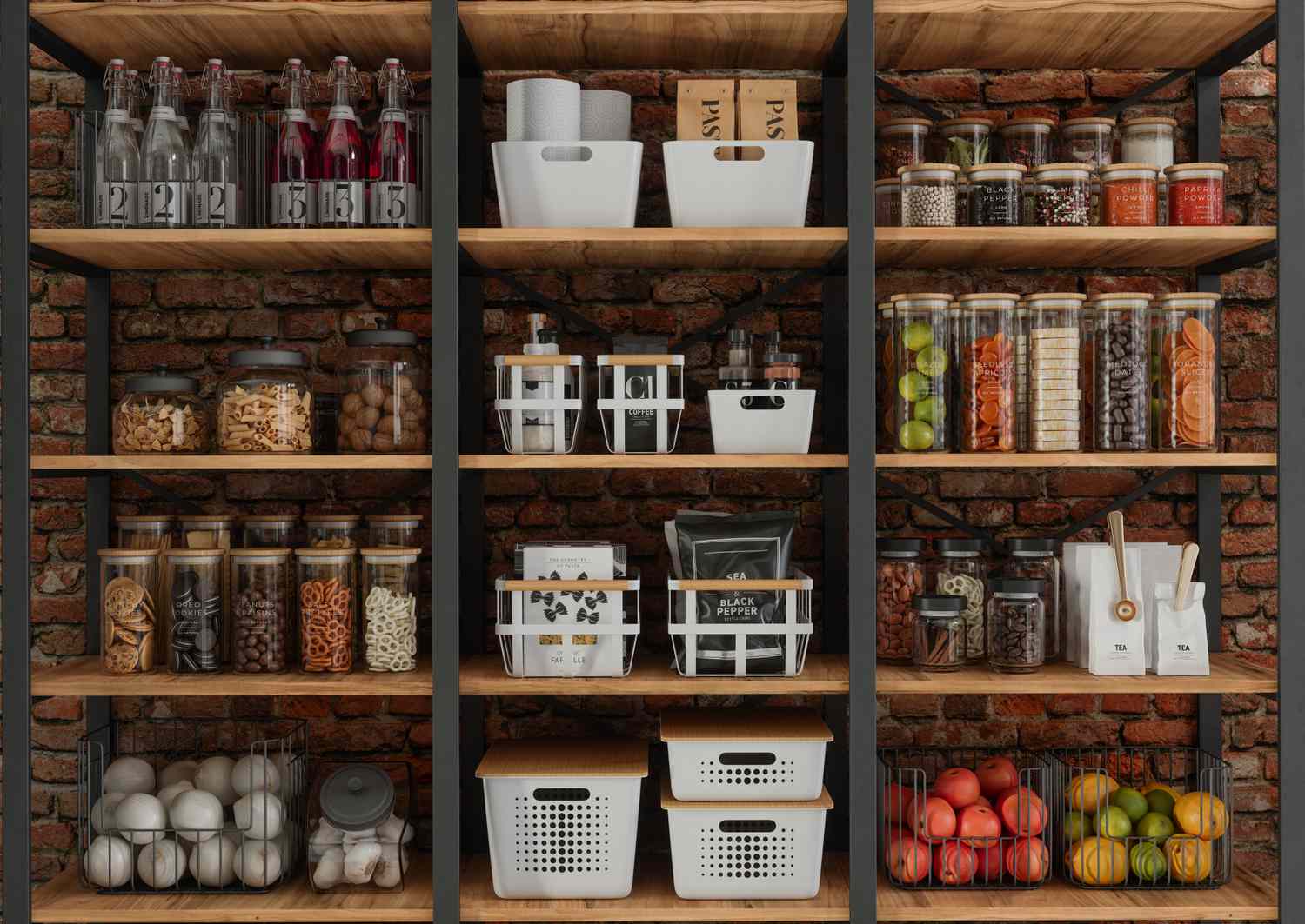 Neatly organized pantry shelves with labeled containers and fresh ingredients