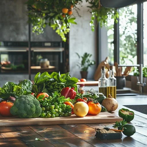 Assorted fresh vegetables and fruits arranged on a wooden kitchen counter